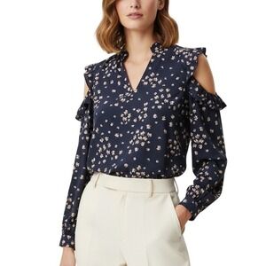 Ann Taylor Womens Navy Floral Cold Shoulder Ruffle Sleeve V Neck Blouse Size S